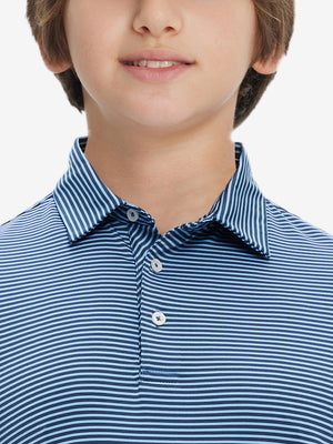 Front view of youth wearing blue denim stripe performance cooling polo, showing collar and chest fit