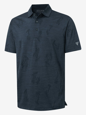 3D rendering of navy coconut tree breathable jacquard pattern 3-button golf polo