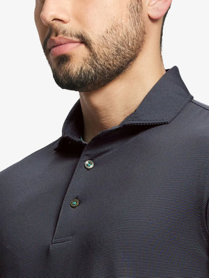 Black Stripe Pinstripe Jersey Performance Polo front view from nose to chest								
