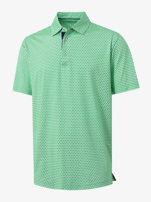 3D view of MAELREG Performance Jersey Print Polo in Green Navy Dot – breathable golf fabric