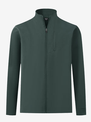 Water-resistant zip up golf jacket in dark green, clean 3D front view highlighting sleek design.
