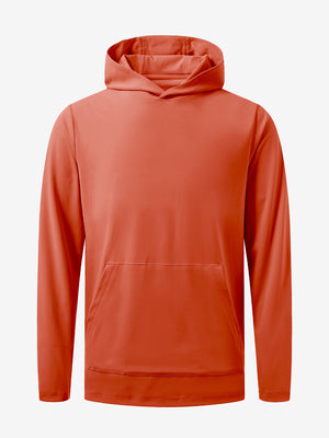 3D front view of youth long sleeve hoodied with kangaroo pocket in orange, showing clean design.