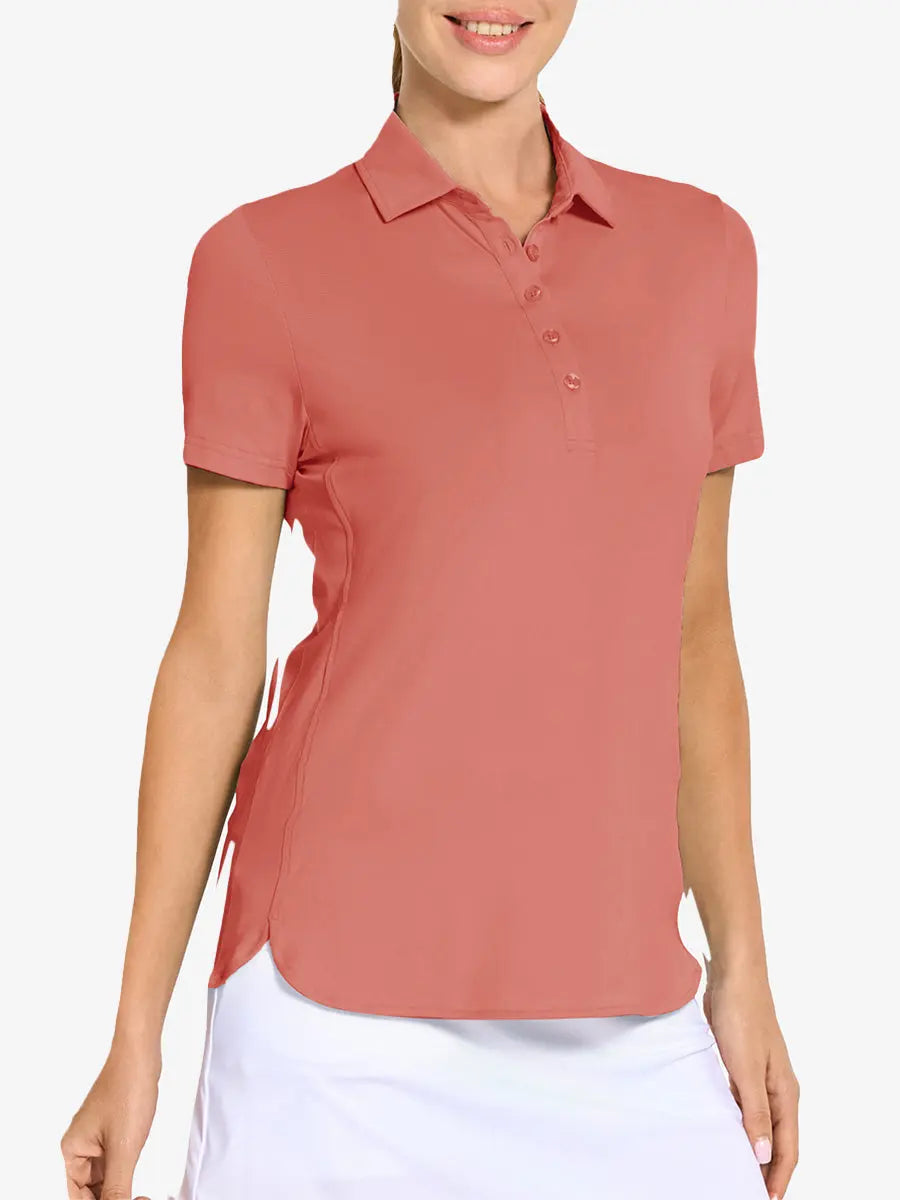 Front view from nose to hem of model wearing CORAL PINK Women's Performance Solid Polo with skirt
