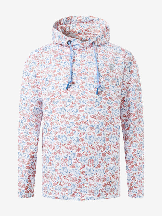 Front 3D view of youth full print hoodies pullover showing detailed fabric and fit, white pizza.