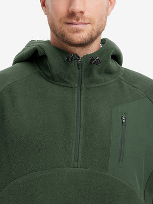 Collar detail from nose to chest, showing texture and zipper finish of the Olive Green fleece top.