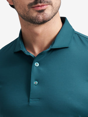 Collar detail of Long sleeve pinstripe jersey polo with clean trim in turquoise stripe