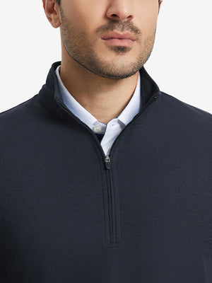 Upper section detail of Premium jacquard quarter zip pullover highlighting navy pattern