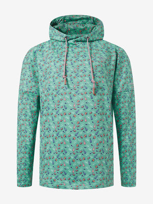 Front 3D view of youth full print hoodies pullover showing detailed fabric and fit, green rugby.