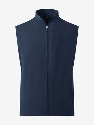 Water-resistant fleece golf vests in navy, front 3D view highlighting clean structure and fabric