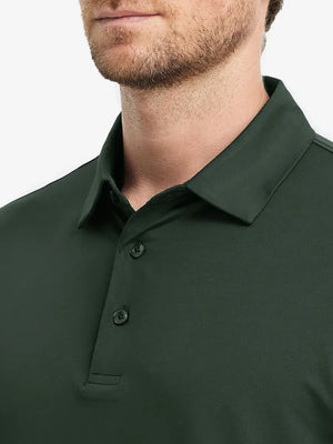 Close-up front (nose to chest) of Everyday Solid Jersey Polo in OLIVE GREEN, highlighting fabric texture.