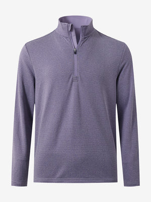Front 3D view of casual fleece lined quarter zip pullover in purple, showing clean athletic fit.