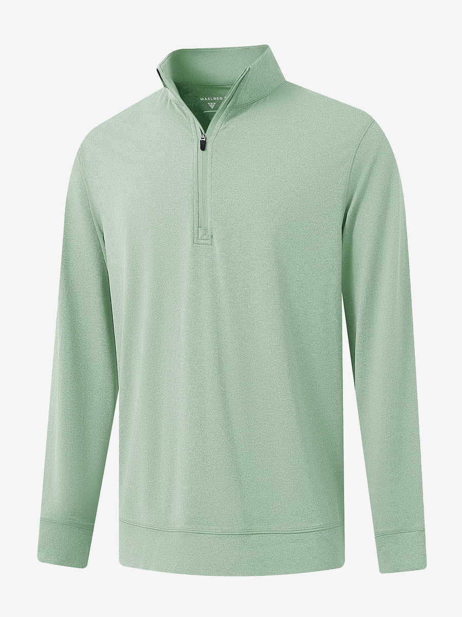 Front 3D image of quarter zip melange pullover in beryl green melange, showing texture and details.