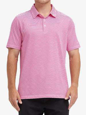 Model wearing Cooling Stripe Golf Shirt in ROSE STRIPE, half-body front view with relaxed pose