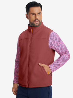 Model's front half-body shot with one hand in the pocket, wearing maroon windproof fleece reversible golf vest.