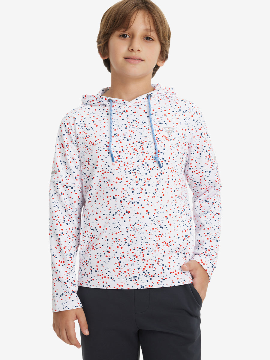 Model front upper body with one hand in pocket, stylish youth full print hoodies pullover in white polka dots.