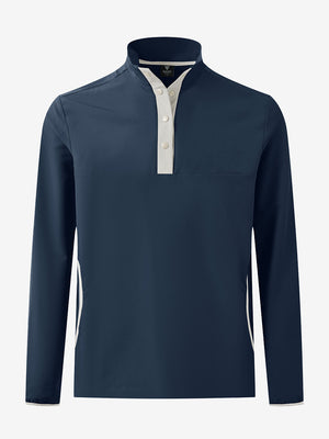 3D front view of the mock neck quarter button golf pullover in navy, sleek and modern design.