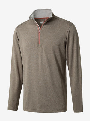 3D rendered display of the BROWN MELANGE Moisture Wicking Quarter Zip Pullover laid out in detail.