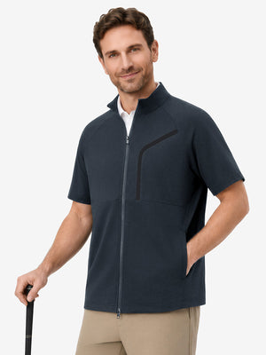 Upper body wearing view on model, lightweight upf50+ short sleeve golf vests jacket in dark grey