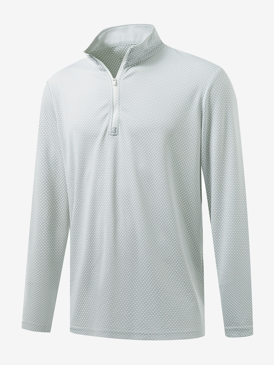 Front 3D view of jacquard quarter zip pullover in light grey, showing its textured fabric design.