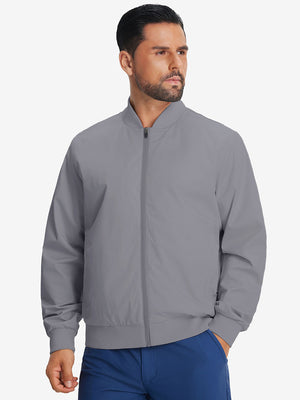 Model wearing casual windproof bomber jacket, neutral grey, front upper body with relaxed fit