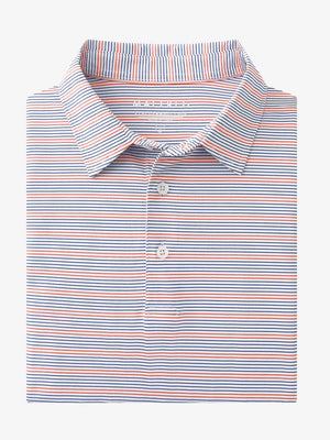 Folded Navy Red Stripe Performance Stripe Golf Shirt displayed flat