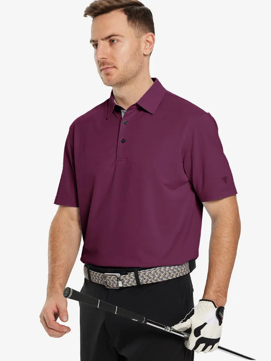 Half-body front pose with golf club in BORDEAUX RED Ventilated Pique Performance Polo