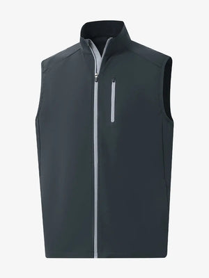 3D view of the dark grey windproof golf vest, highlighting its functional design and modern zippered pockets.