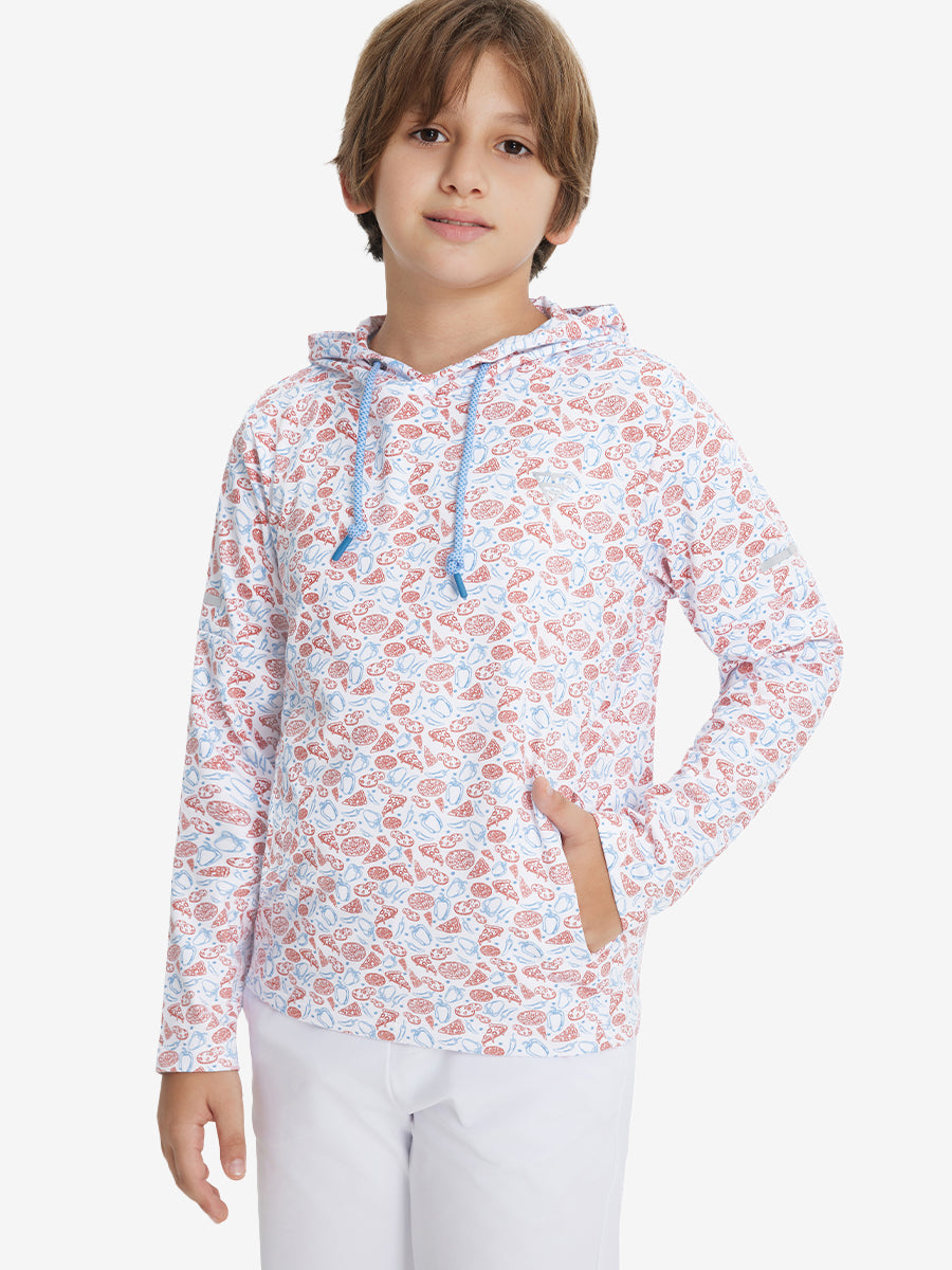 Model front upper body with one hand in pocket, stylish youth full print hoodies pullover in white pizza.
