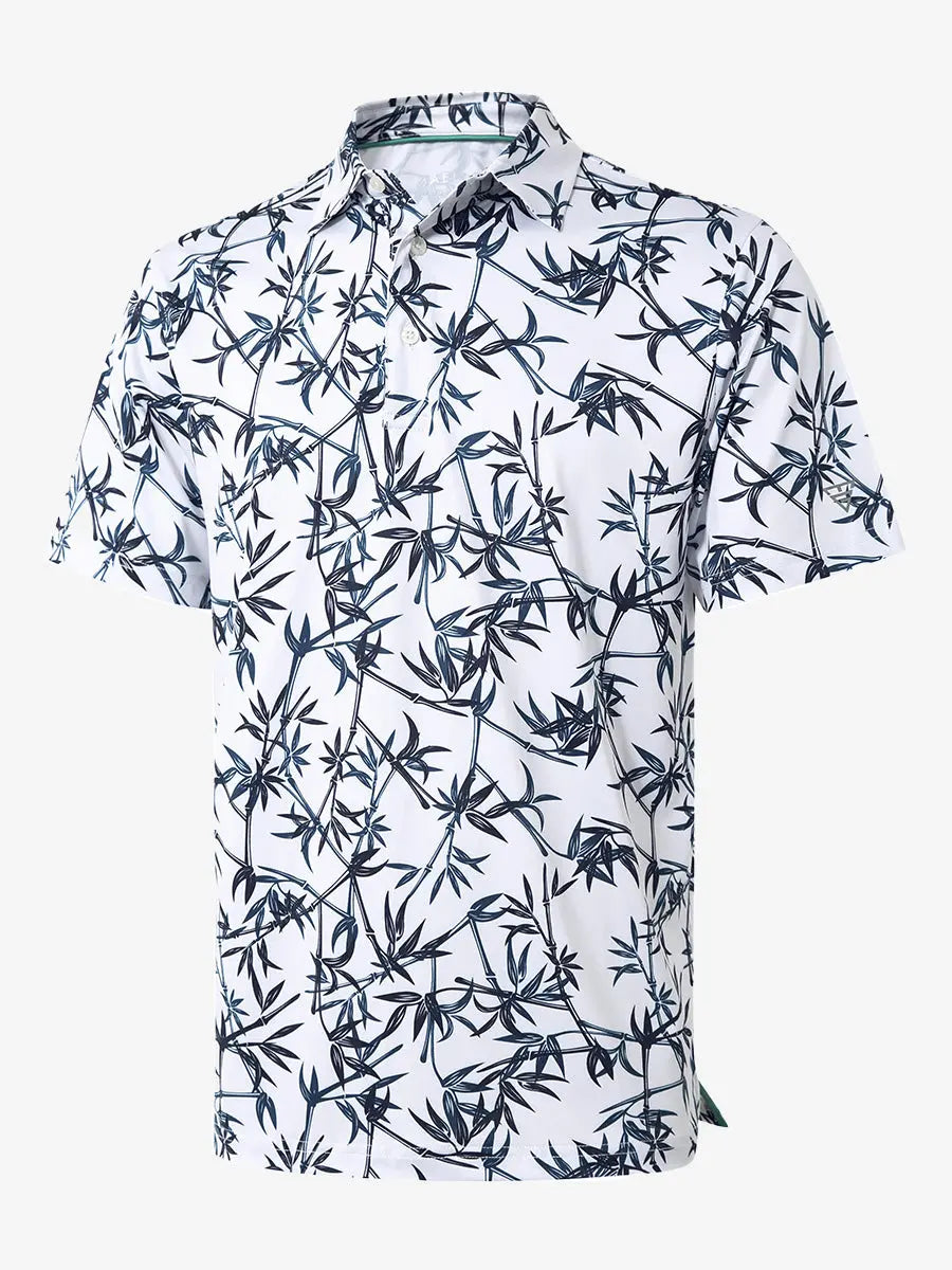 3D view of BLUE BAMBOO Performance Quick Dry Print Golf Polo showing texture and fit.