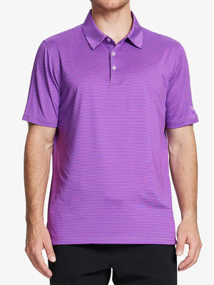 Model wearing Cooling Stripe Golf Shirt in LILAC STRIPE, half-body front view with relaxed pose