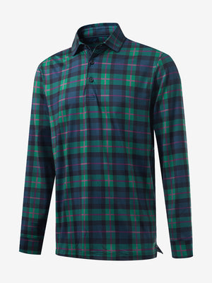 3D front view of the lightweight print long sleeve polo in dark plaid, modern and athletic design.