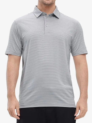 Half-body front shot of model in Cooling Stripe Golf Shirt, displaying fit and style – GREY WHITE STRIPE