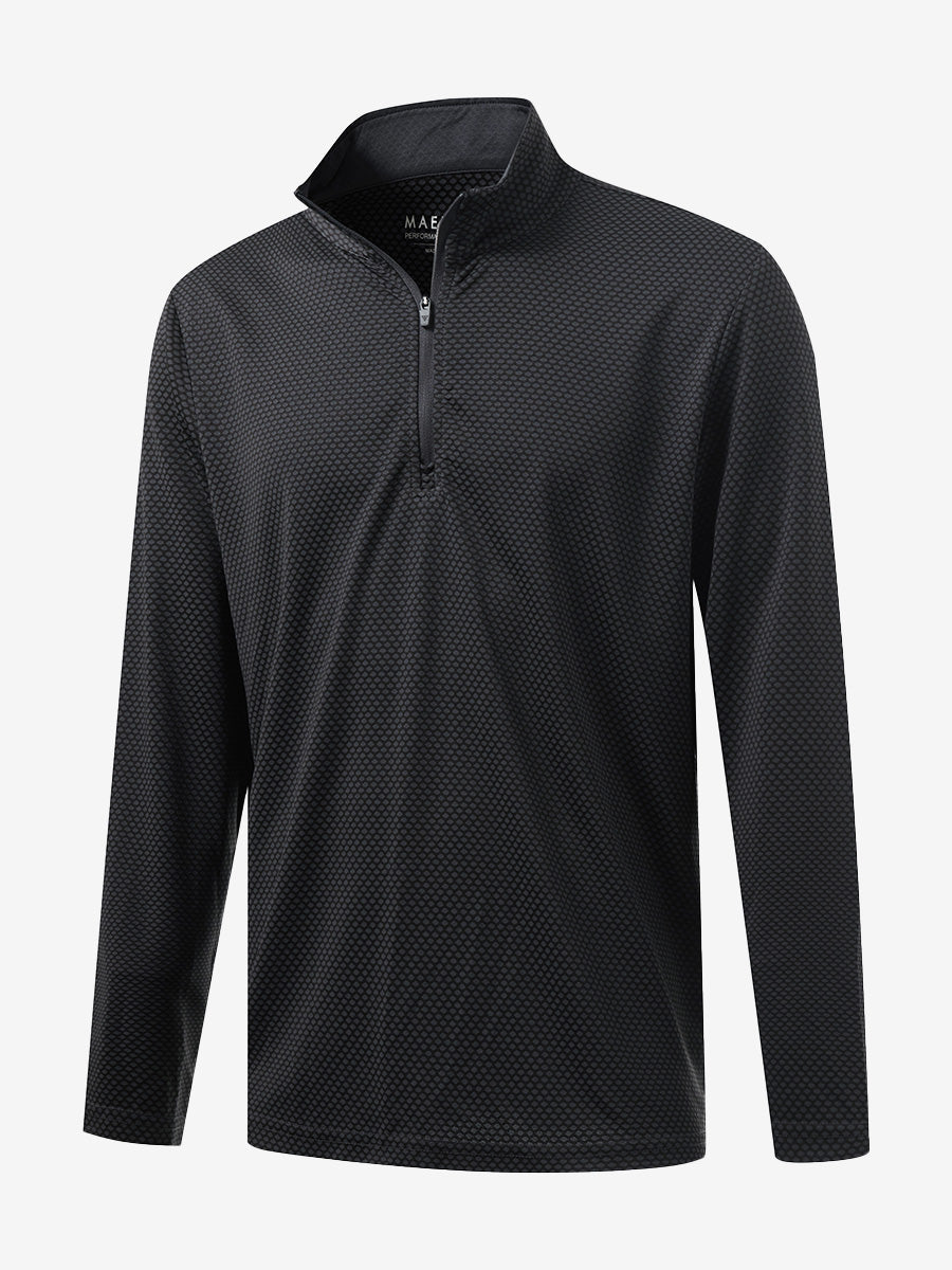 Front 3D view of jacquard quarter zip pullover in dark grey/black, showing its textured fabric design.