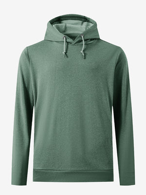 3D front view of the classic heather pullover hoodie in dark green melange, simple and relaxed athletic fit.