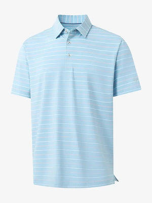 Front 3D view of trendy boys stripe polo shirts, clean structure and modern misty blue stripe look
