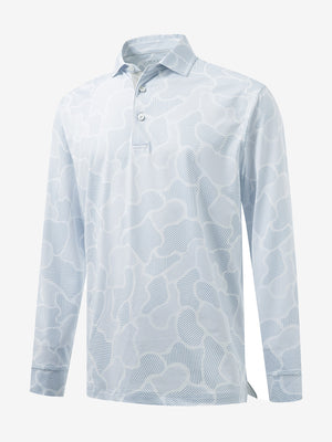 3D front view of the lightweight print long sleeve polo in light gray irregular pattern, modern and athletic design.