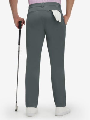Back lower body shot of model wearing dark gray breathable casual slacks with 4 pockets