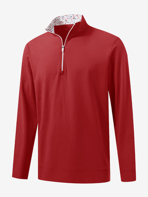 3D front view of the lightweight golf quarter zip pullover in red, clean and athletic design.