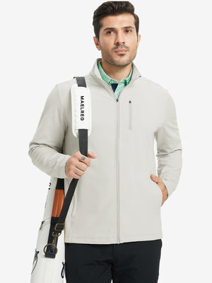 Model wearing oyster grey lightweight casual fleece jacket with 5 pockets, hand in pocket, tennis bag