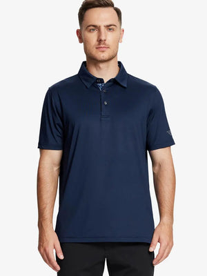 Front half-body view of male model in the Navy Everyday Classic Solid Polo, standing still