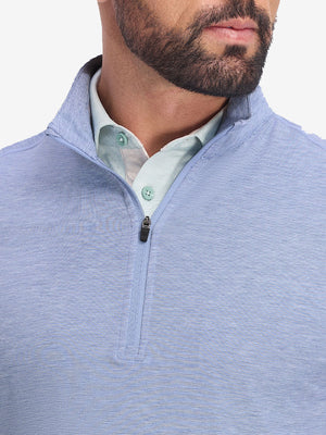 Front view from nose to chest of model wearing light blue featherweight midlayer quarter zip pullover