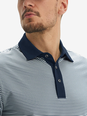 Close-up: nose to chest in navy stripe upgraded two-tone striped quick dry polo shirt