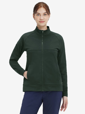 Women's Water-Resistant Stretch Fleece Lined Jacket in forest green, front upper body view