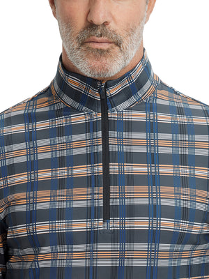 Close-up from nose to chest, showing zipper collar detail and fabric pattern of the blue/white/yellow plaid pullover.