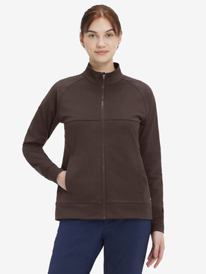 Women's Water-Resistant Stretch Fleece Lined Jacket in coffee brown, front upper body view
