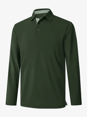 3D view of the olive green long sleeve pique polo, showcasing its natural design and comfortable fit.