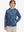 Model front upper body with one hand in pocket, stylish youth full print hoodies pullover in navy colorful flower.