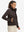 Model wearing women's lightweight fleece-lined puffer jacket, coffee brown, front upper-body look.