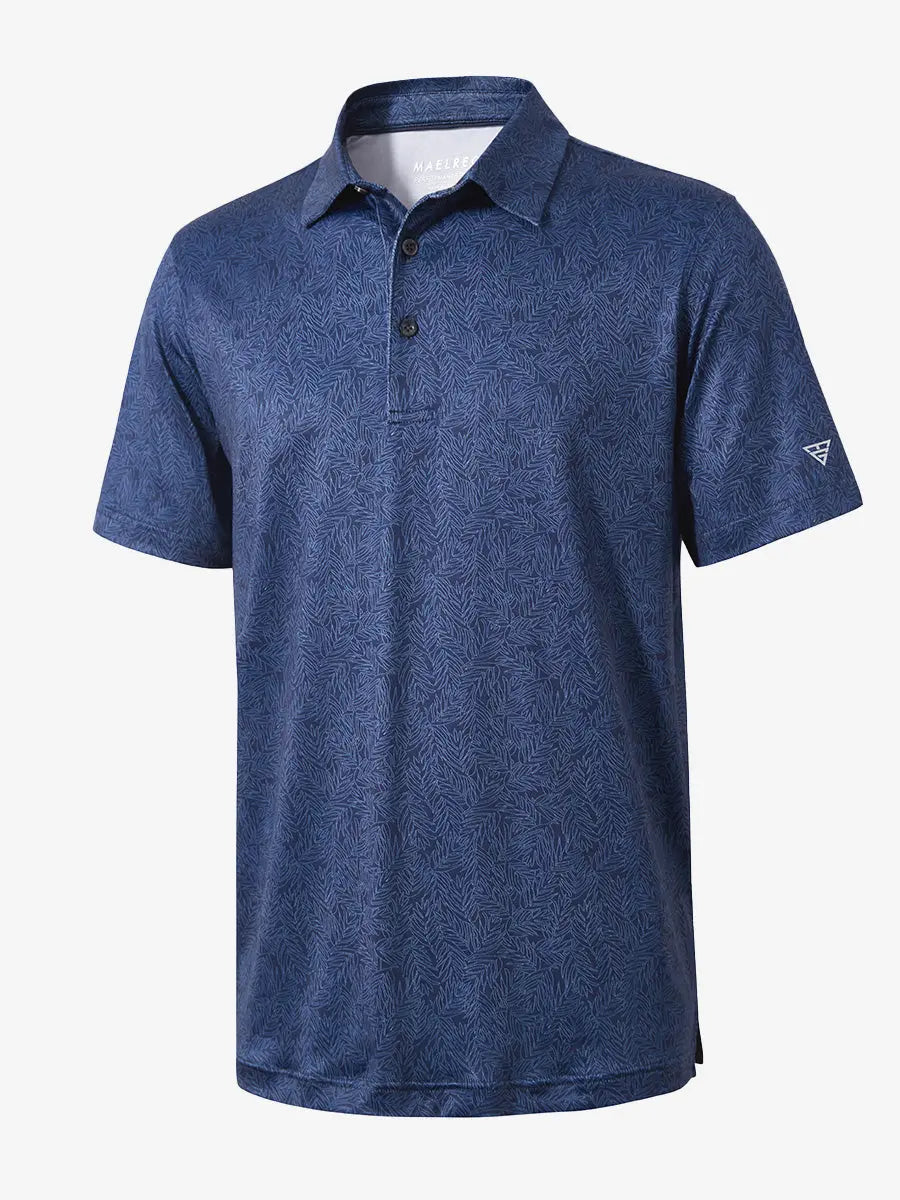 3D view shows navy blue leaf patterned model polo shirt, fresh and natural design, suitable for multi-occasion wear.
