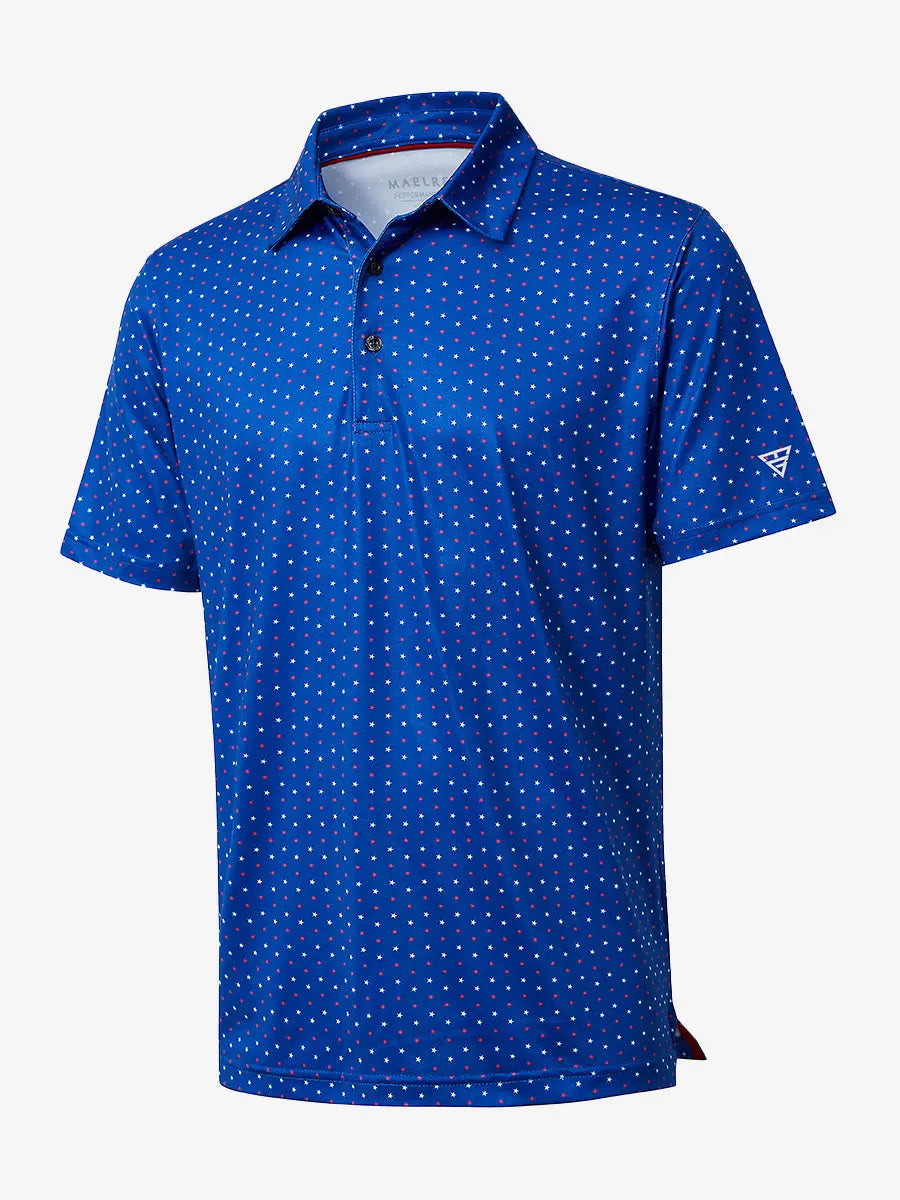 3D view shows the star-spangled pattern model polo shirt, expressing patriotic feelings and modern sports style, suitable for golf occasions.